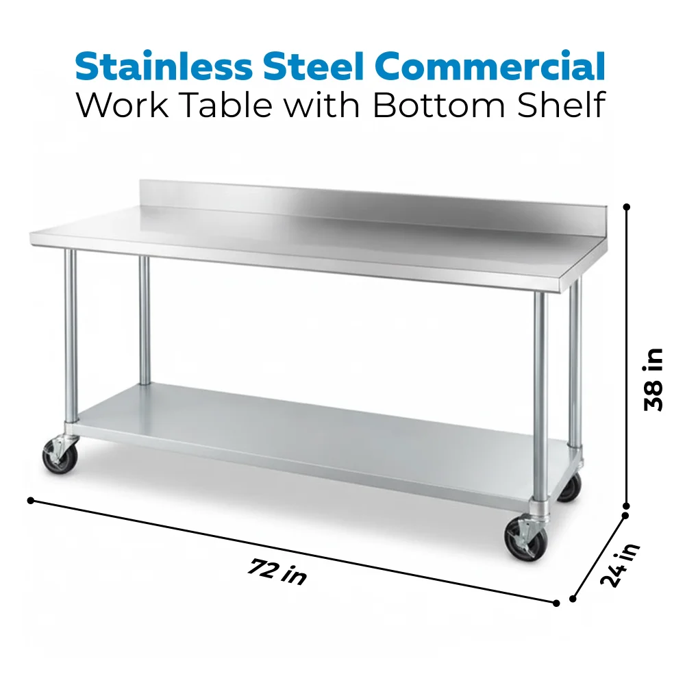 24" x 72" 18 Gauge Commercial Work Table with 4" Backsplash, Galvanized Legs, Undershelf, and Casters, 304 Stainless Steel