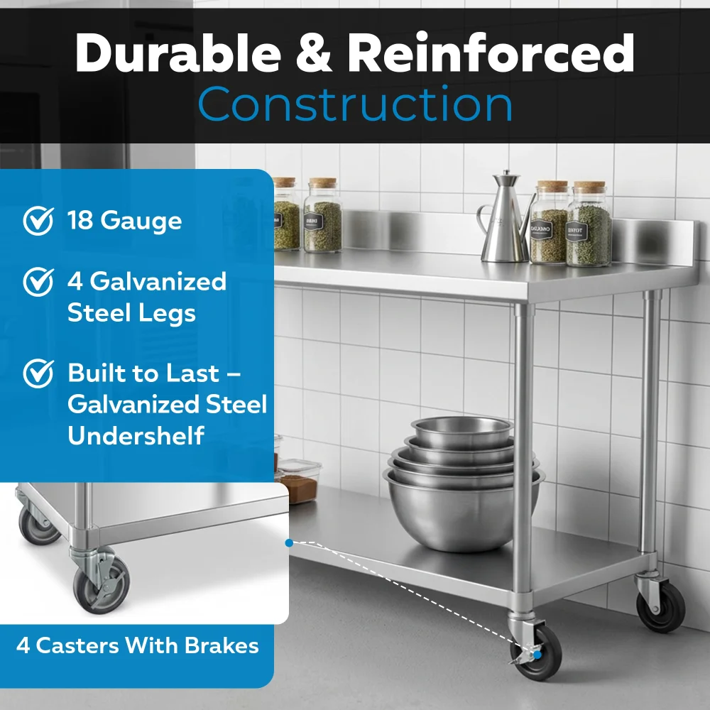 24" x 72" 18 Gauge Commercial Work Table with 4" Backsplash, Galvanized Legs, Undershelf, and Casters, 304 Stainless Steel