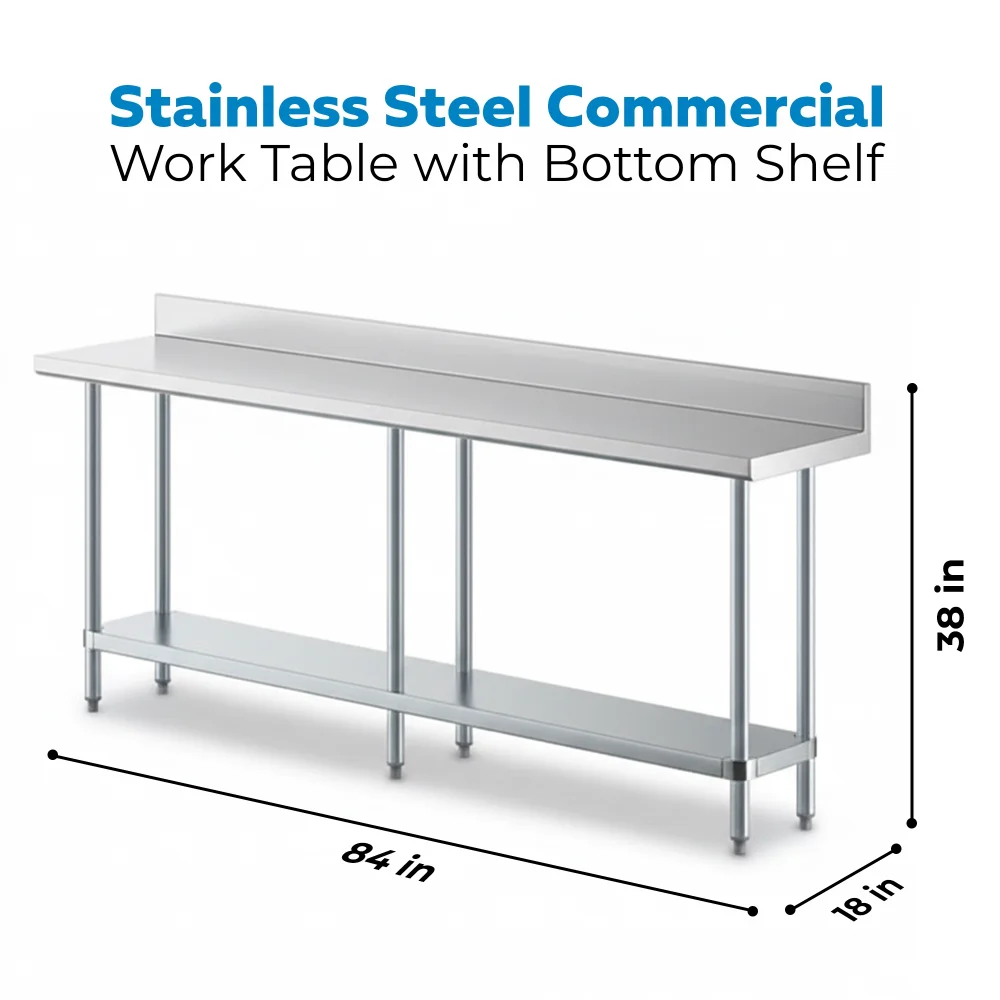 18" x 84" 18 Gauge Commercial Work Table with 4" Backsplash, Galvanized Legs, and Undershelf, 304 Stainless Steel