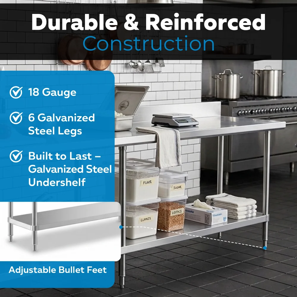 18" x 84" 18 Gauge Commercial Work Table with 4" Backsplash, Galvanized Legs, and Undershelf, 304 Stainless Steel