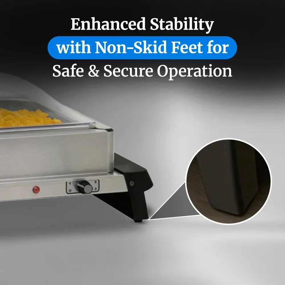 Cadco single buffet server with stainless finish, clear lid, compact warming tray, lightweight and easy to clean for catering or restaurant use.