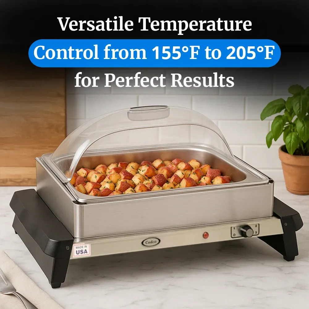 Cadco single buffet server with stainless finish, clear lid, compact warming tray, lightweight and easy to clean for catering or restaurant use.