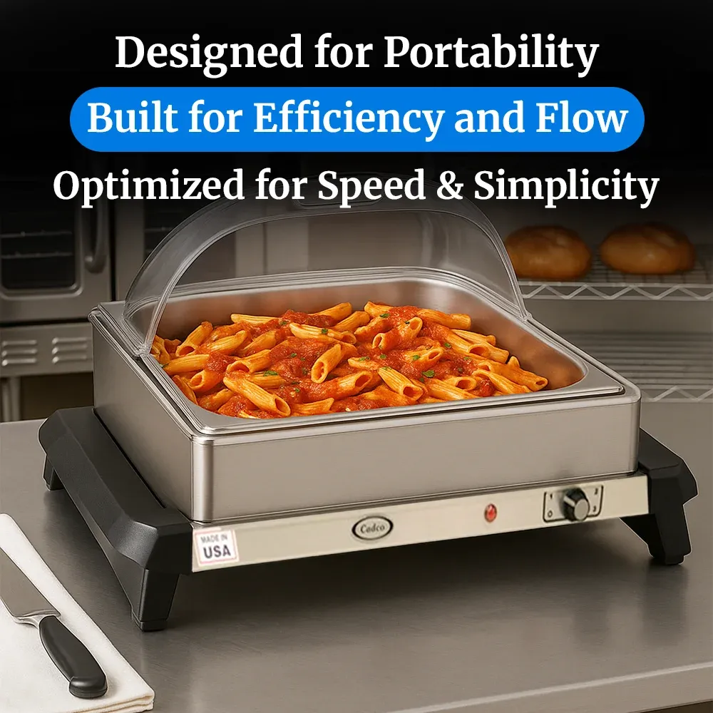 Cadco single buffet server with stainless finish, clear lid, compact warming tray, lightweight and easy to clean for catering or restaurant use.