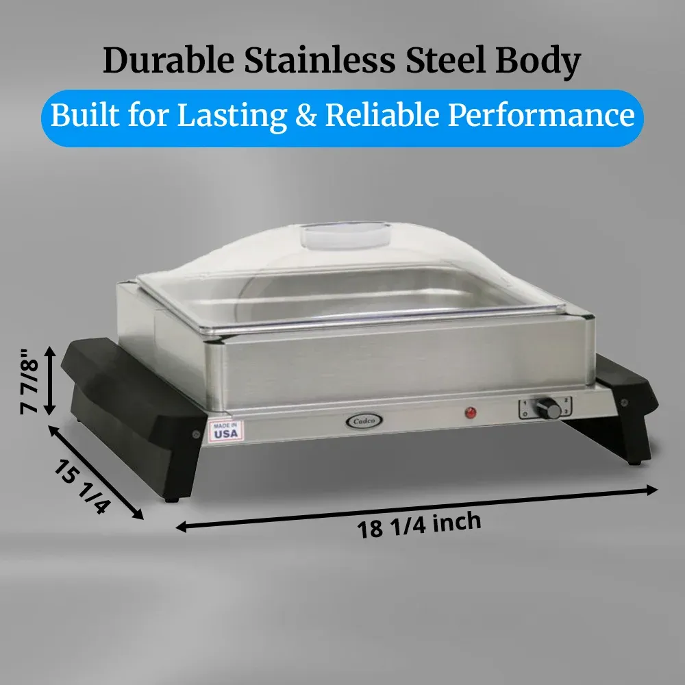 Cadco single buffet server with stainless finish, clear lid, compact warming tray, lightweight and easy to clean for catering or restaurant use.