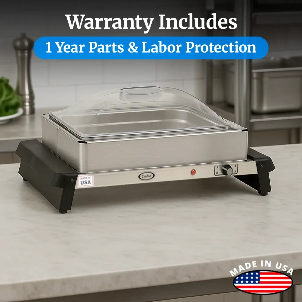 Cadco single buffet server with stainless finish, clear lid, compact warming tray, lightweight and easy to clean for catering or restaurant use.