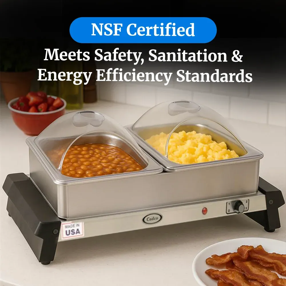 Cadco double buffet server with stainless body, clear lids, and warming trays, compact yet durable for catering or restaurant quick-setup food service