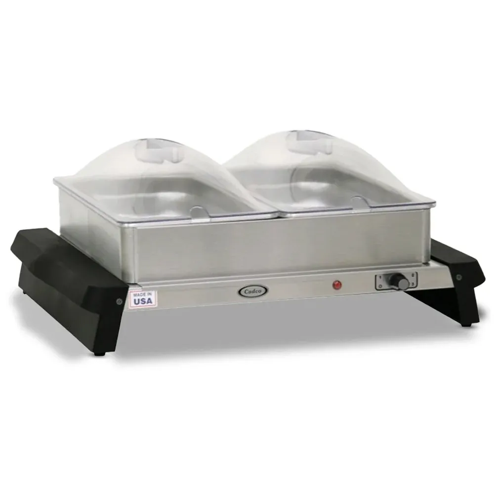 Cadco double buffet server with stainless body, clear lids, and warming trays, compact yet durable for catering or restaurant quick-setup food service