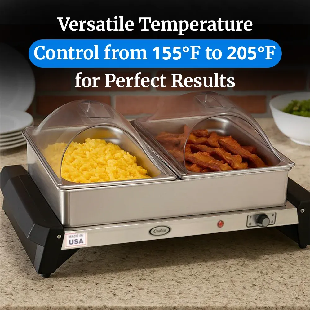 Cadco double buffet server with stainless body, clear lids, and warming trays, compact yet durable for catering or restaurant quick-setup food service