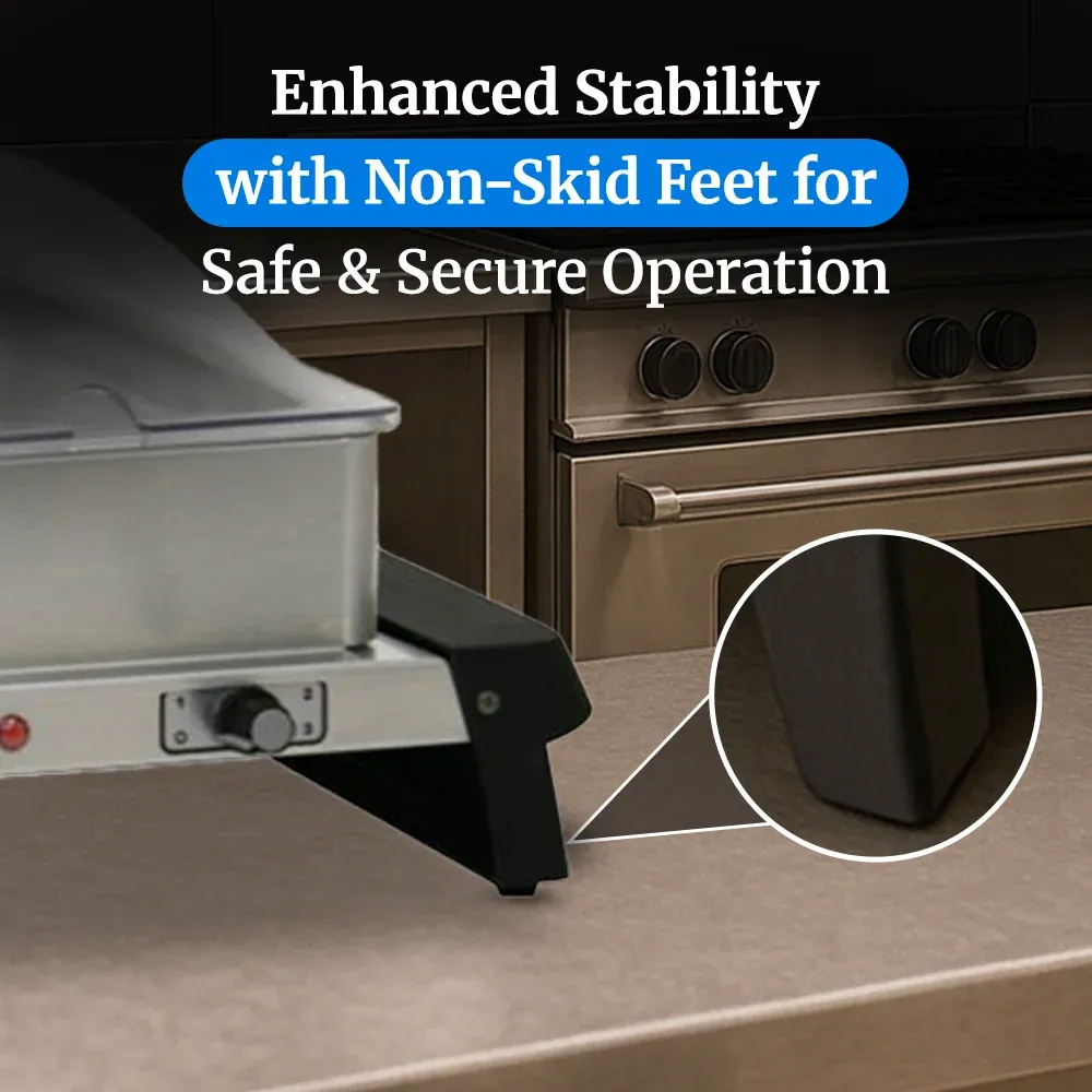 Cadco double buffet server with stainless body, clear lids, and warming trays, compact yet durable for catering or restaurant quick-setup food service