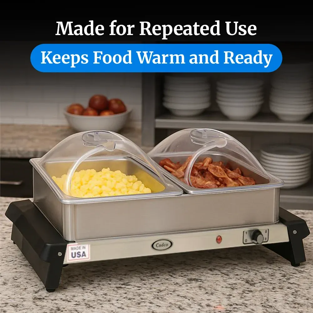 Cadco double buffet server with stainless body, clear lids, and warming trays, compact yet durable for catering or restaurant quick-setup food service