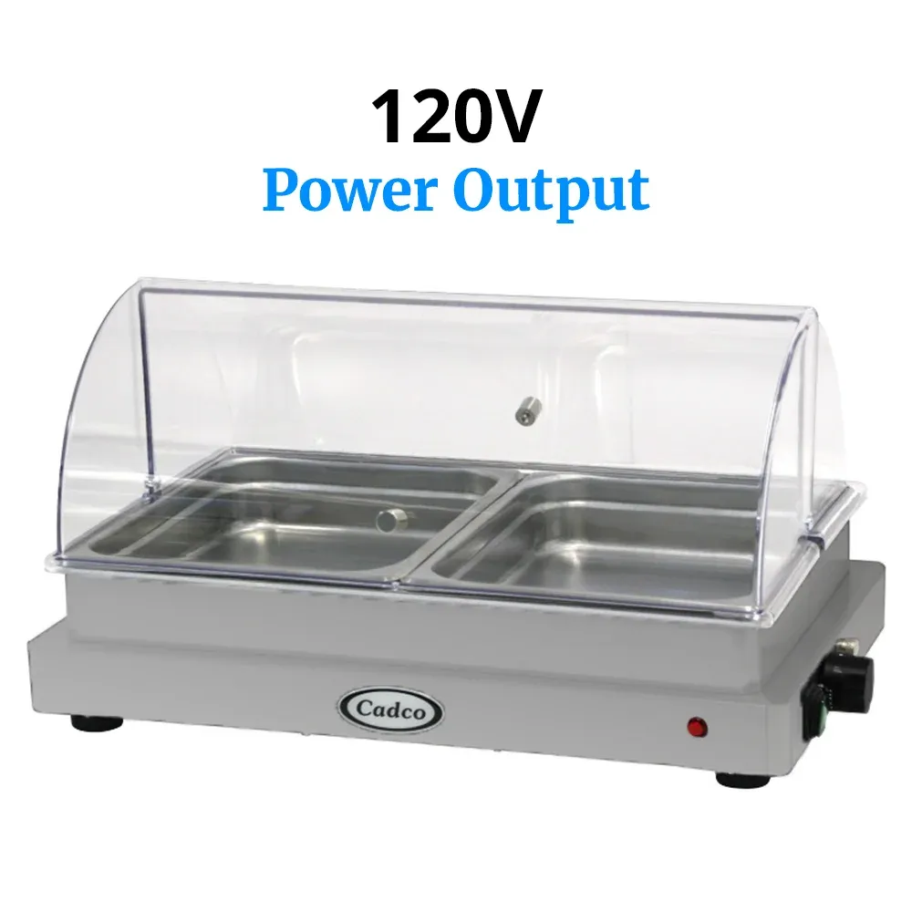 Cadco two-compartment electric buffet server with roll-top lid, stainless steel, heavy-duty, adjustable thermostat, catering durable easy-clean.