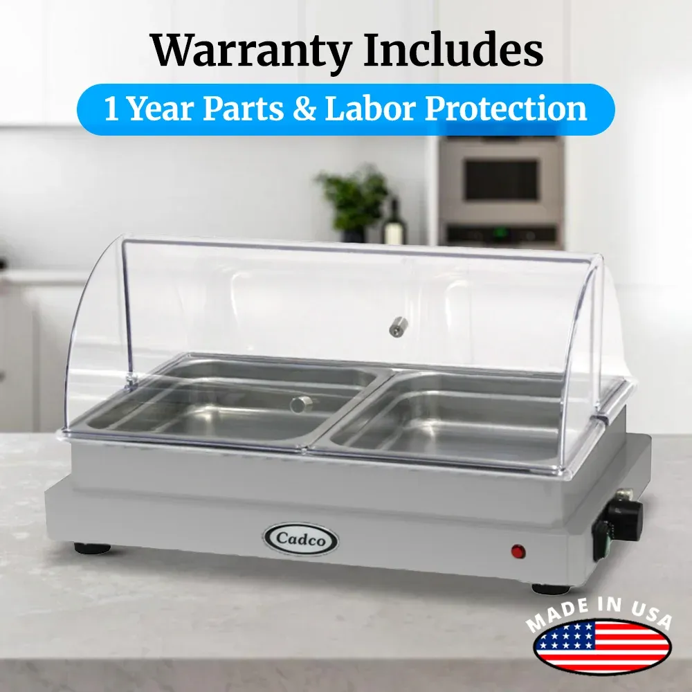 Cadco two-compartment electric buffet server with roll-top lid, stainless steel, heavy-duty, adjustable thermostat, catering durable easy-clean.