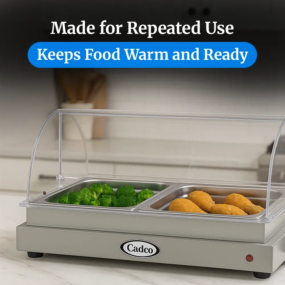 Cadco two-compartment electric buffet server with roll-top lid, stainless steel, heavy-duty, adjustable thermostat, catering durable easy-clean.