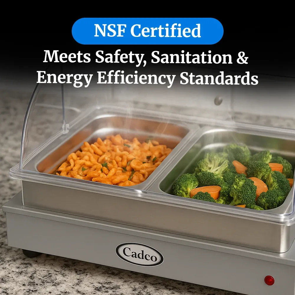 Cadco two-compartment electric buffet server with roll-top lid, stainless steel, heavy-duty, adjustable thermostat, catering durable easy-clean.