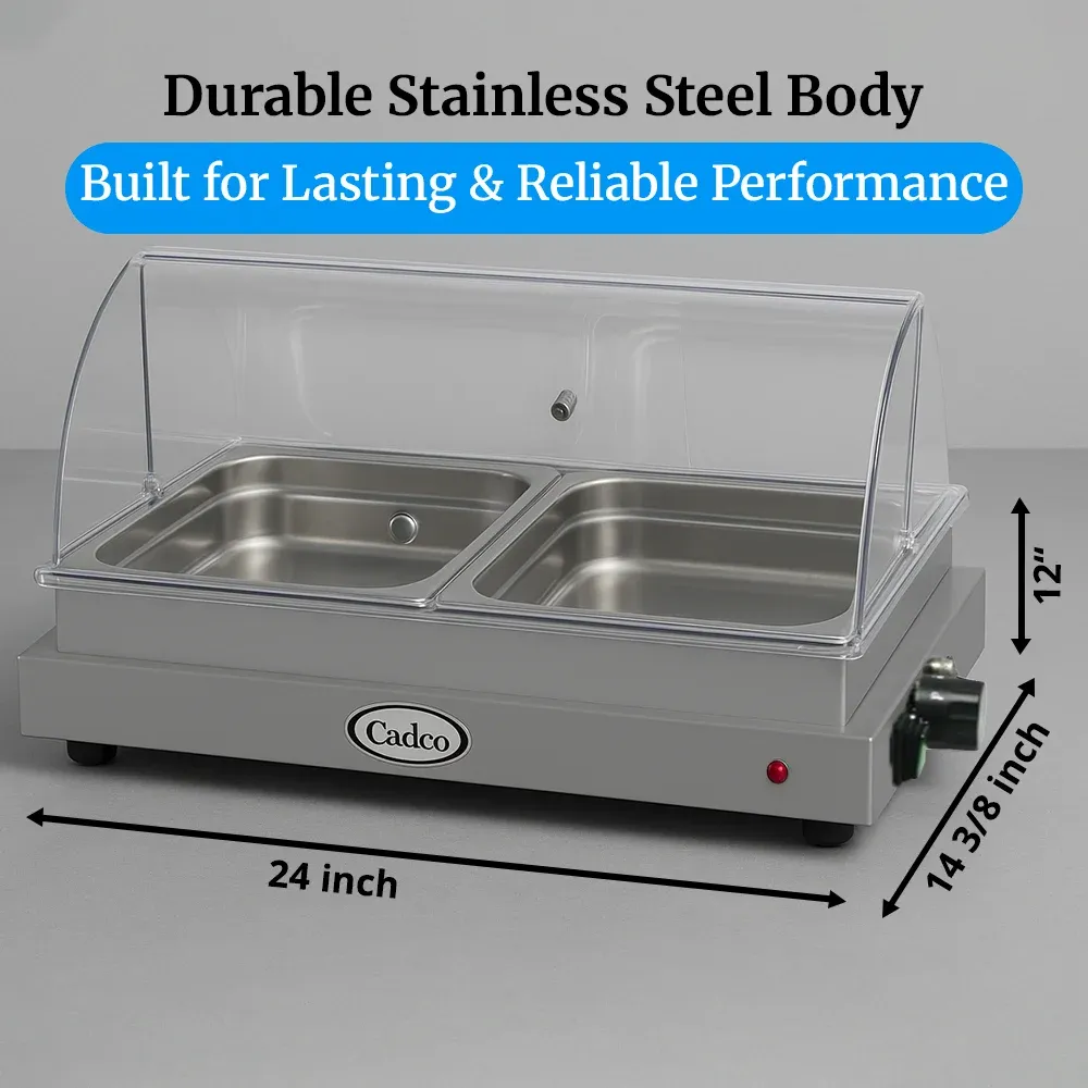Cadco two-compartment electric buffet server with roll-top lid, stainless steel, heavy-duty, adjustable thermostat, catering durable easy-clean.