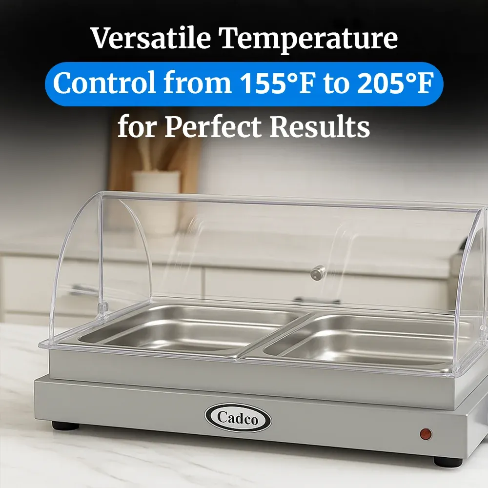 Cadco two-compartment electric buffet server with roll-top lid, stainless steel, heavy-duty, adjustable thermostat, catering durable easy-clean.