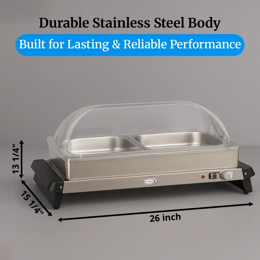 Cadco two-compartment buffet server with roll-top lids in stainless steel is ideal for keeping entrees and sides hot at catered brunches or buffets.