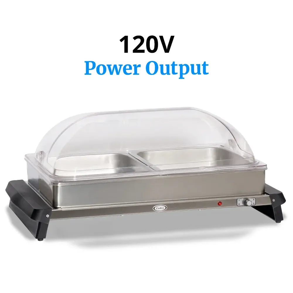 Cadco two-compartment buffet server with roll-top lids in stainless steel is ideal for keeping entrees and sides hot at catered brunches or buffets.