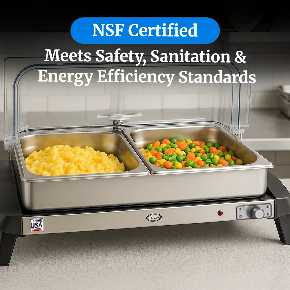 Cadco two-compartment buffet server with roll-top lids in stainless steel is ideal for keeping entrees and sides hot at catered brunches or buffets.