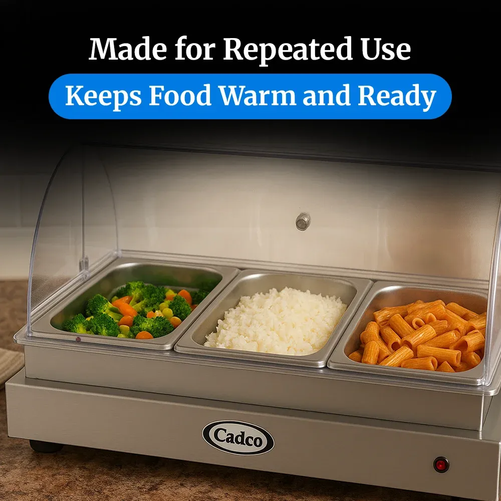 Cadco three-compartment electric buffet server with roll-top lid, stainless steel, heavy-duty, adjustable thermostat, catering durable easy-clean.