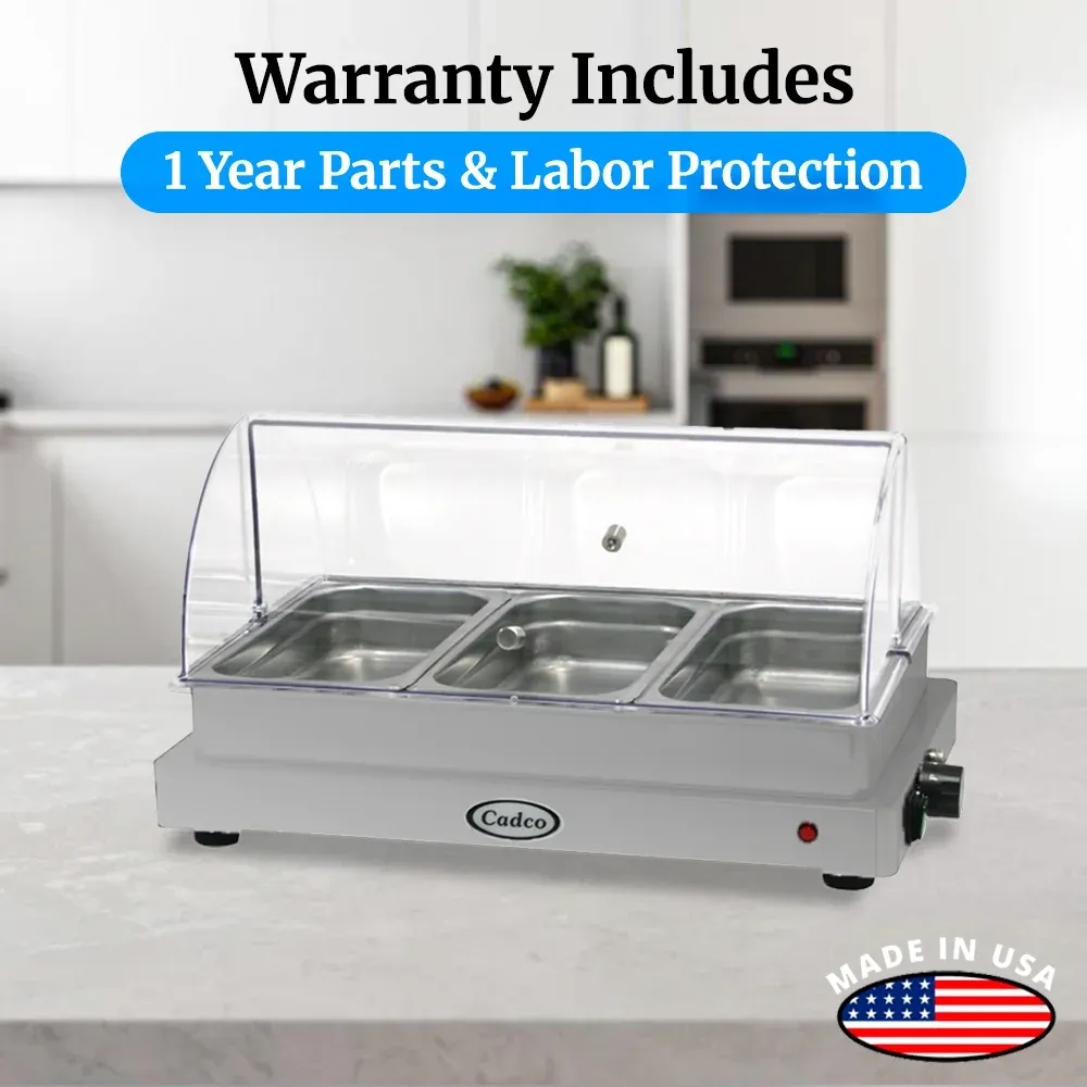 Cadco three-compartment electric buffet server with roll-top lid, stainless steel, heavy-duty, adjustable thermostat, catering durable easy-clean.