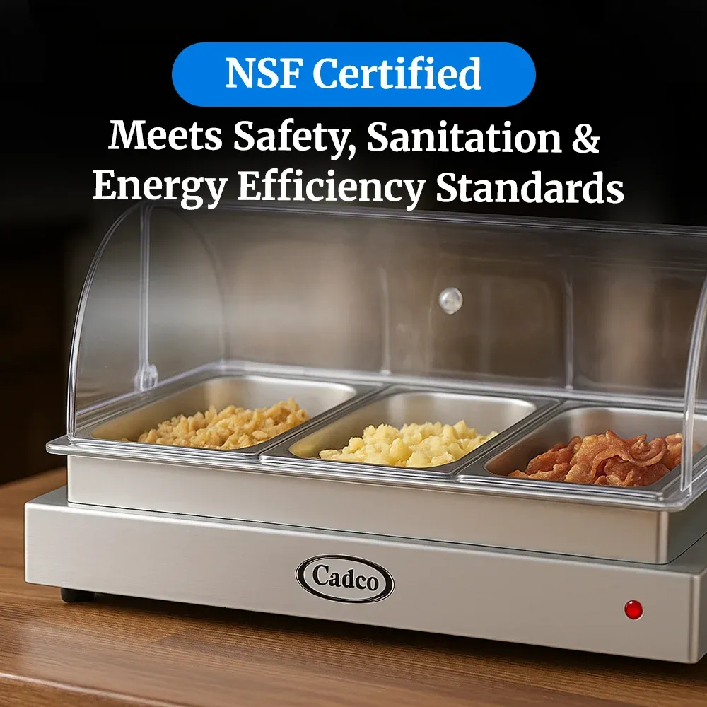 Cadco three-compartment electric buffet server with roll-top lid, stainless steel, heavy-duty, adjustable thermostat, catering durable easy-clean.