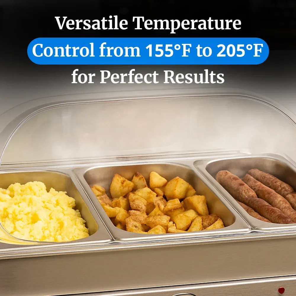 Cadco three-compartment electric buffet server with roll-top lid, stainless steel, adjustable thermostat, catering durable compact versatile.