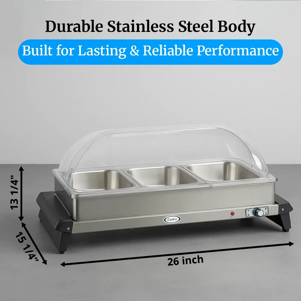 Cadco three-compartment electric buffet server with roll-top lid, stainless steel, adjustable thermostat, catering durable compact versatile.