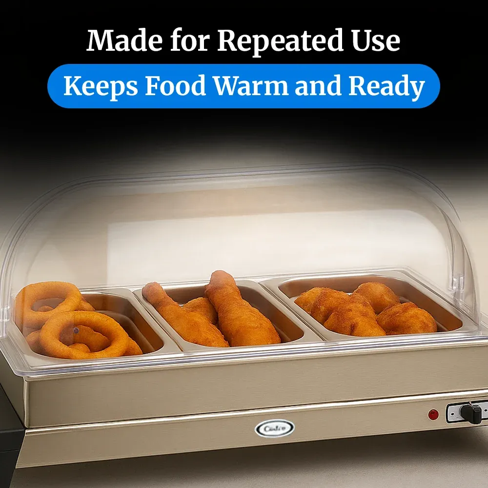 Cadco three-compartment electric buffet server with roll-top lid, stainless steel, adjustable thermostat, catering durable compact versatile.