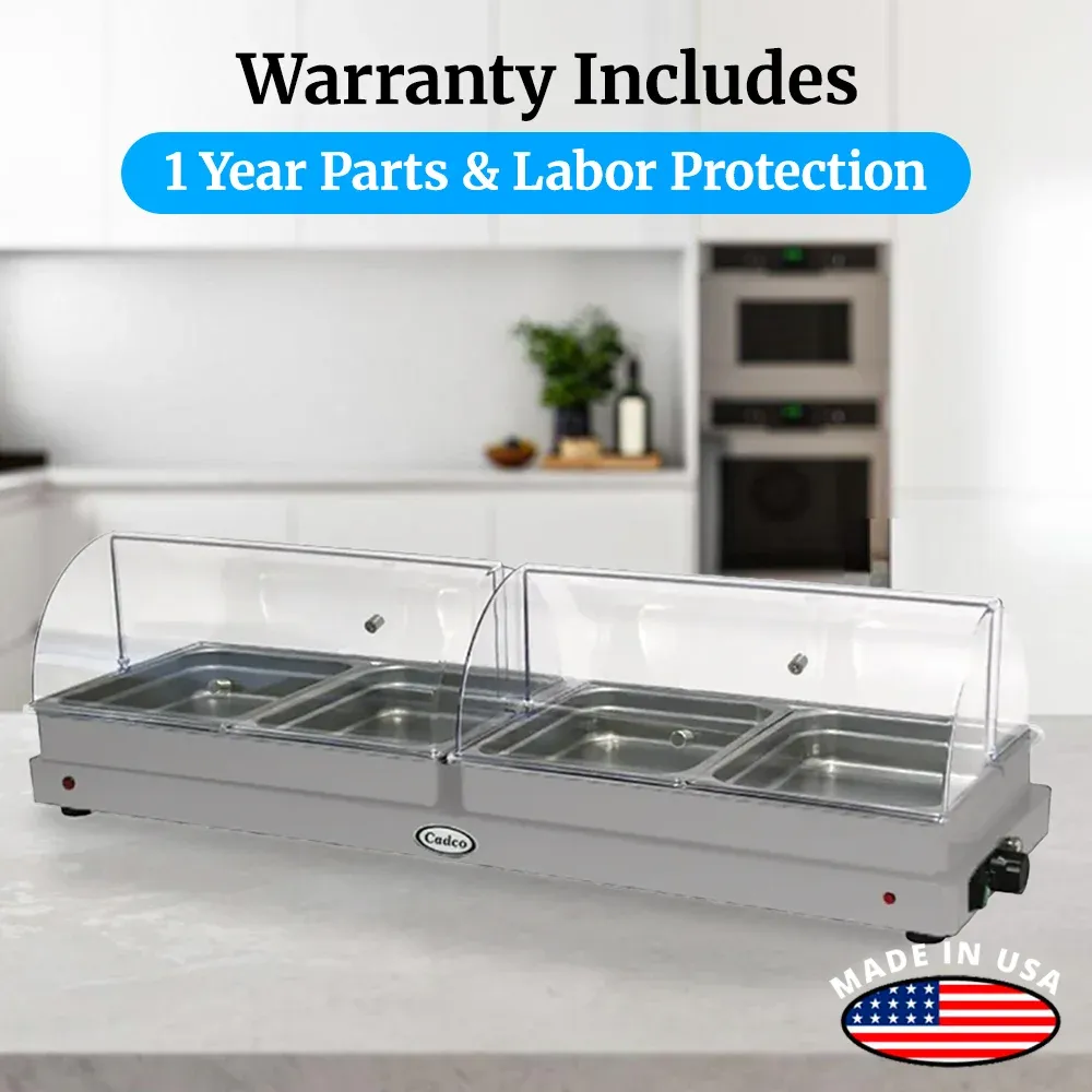 Cadco four-compartment buffet server with roll-top lids in stainless steel keeps entrees, sides, and sauces warm for large-scale food service events.