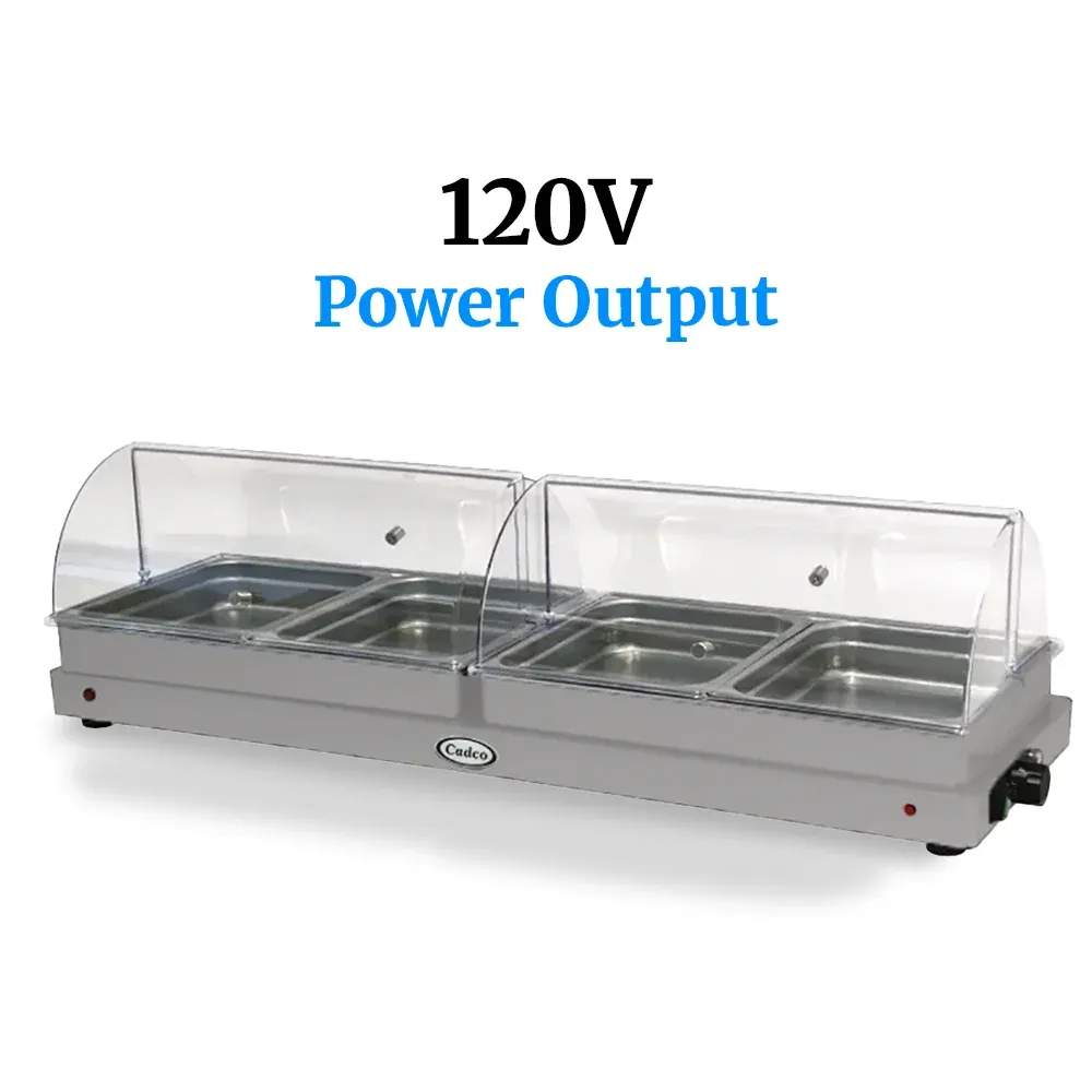 Cadco four-compartment buffet server with roll-top lids in stainless steel keeps entrees, sides, and sauces warm for large-scale food service events.
