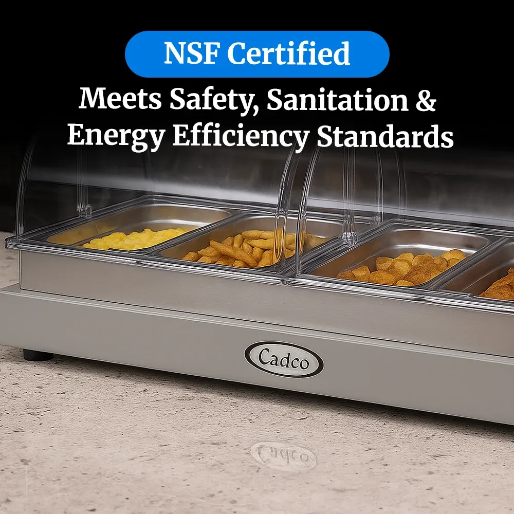 Cadco four-compartment buffet server with roll-top lids in stainless steel keeps entrees, sides, and sauces warm for large-scale food service events.