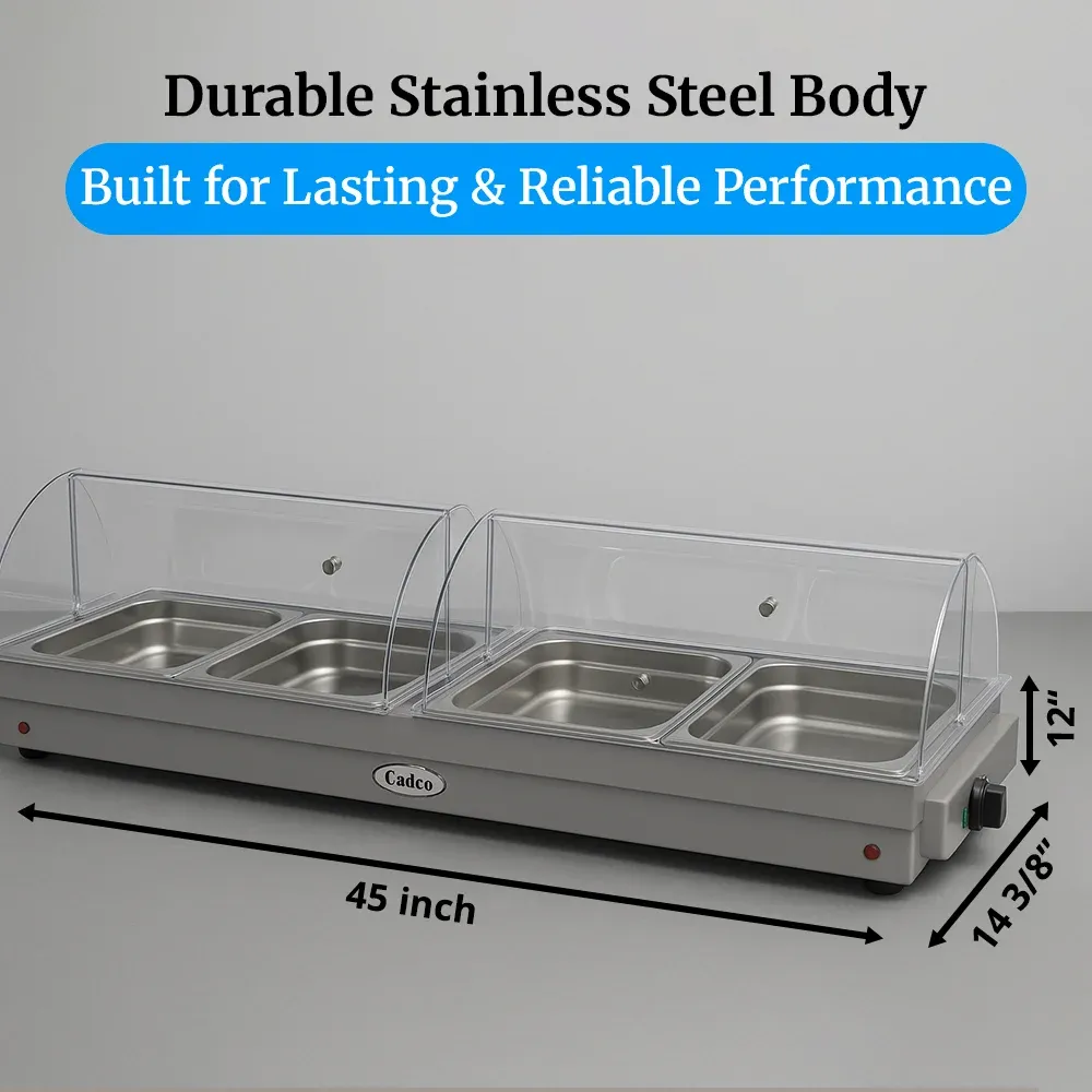 Cadco four-compartment buffet server with roll-top lids in stainless steel keeps entrees, sides, and sauces warm for large-scale food service events.