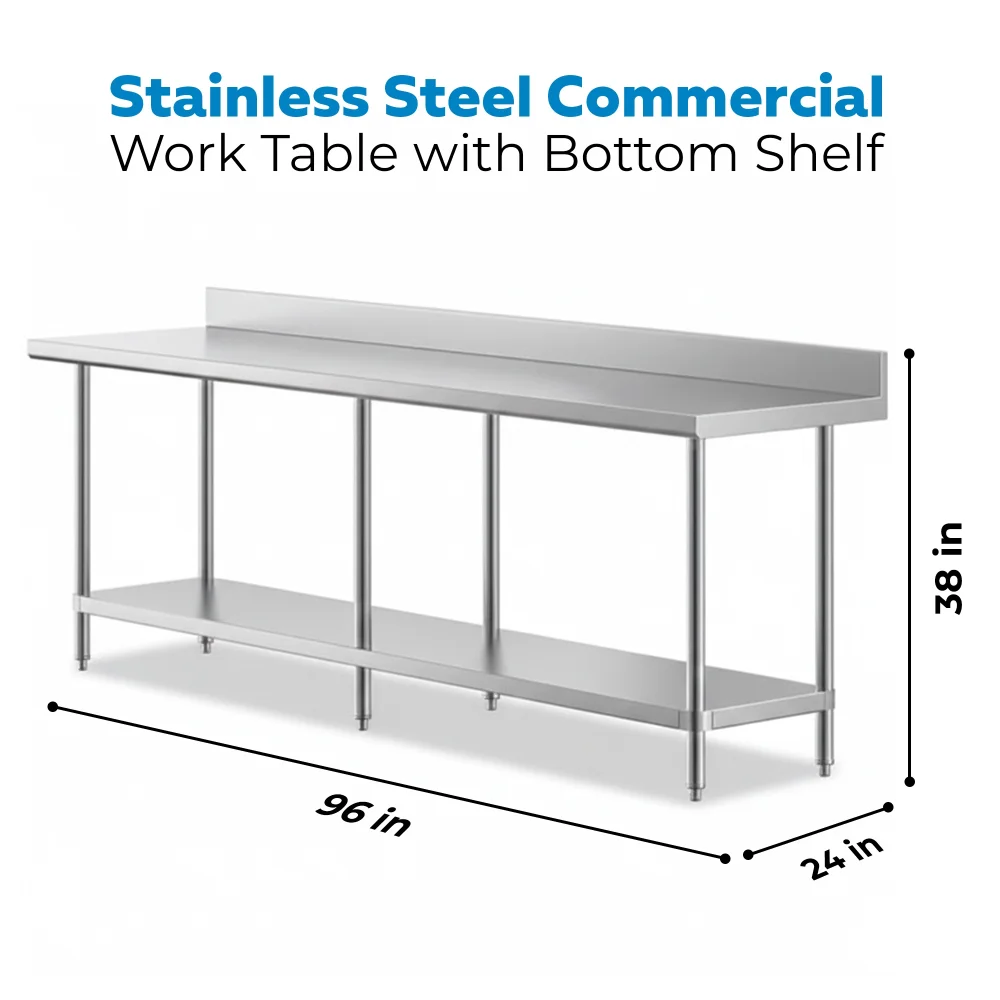 24" x 96" 16-Gauge Commercial Work Table with 4" Backsplash and Undershelf, 304 Stainless Steel