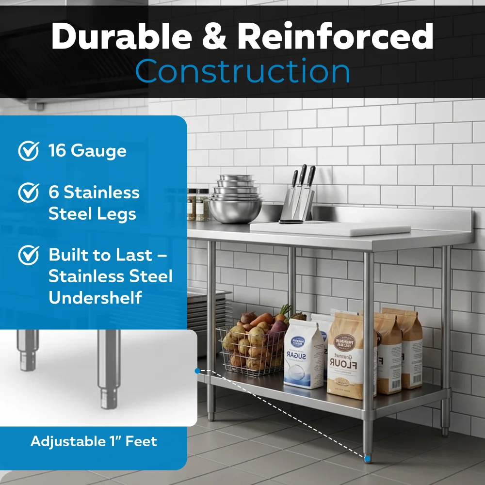 24" x 96" 16-Gauge Commercial Work Table with 4" Backsplash and Undershelf, 304 Stainless Steel