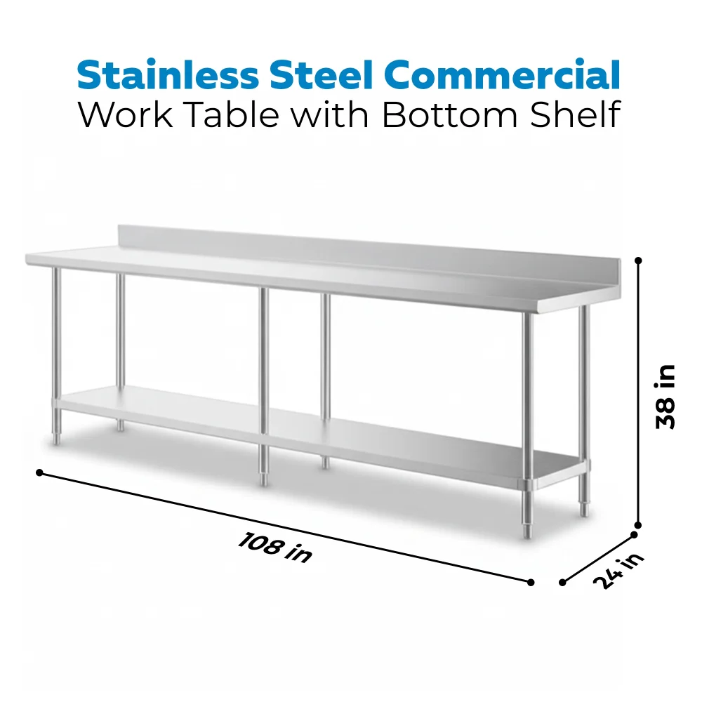 24" x 108" 16-Gauge Commercial Work Table with 4" Backsplash and Undershelf, 304 Stainless Steel