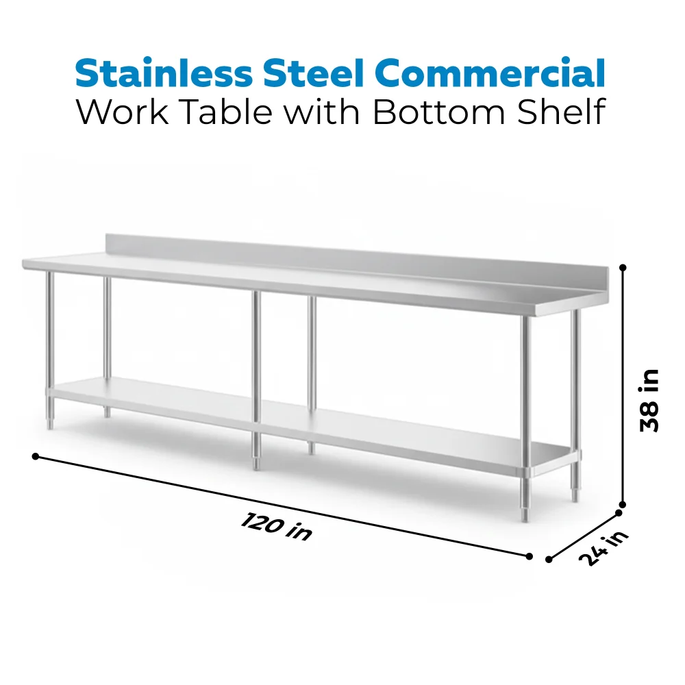 24" x 120" 16-Gauge Commercial Work Table with 4" Backsplash and Undershelf, 304 Stainless Steel