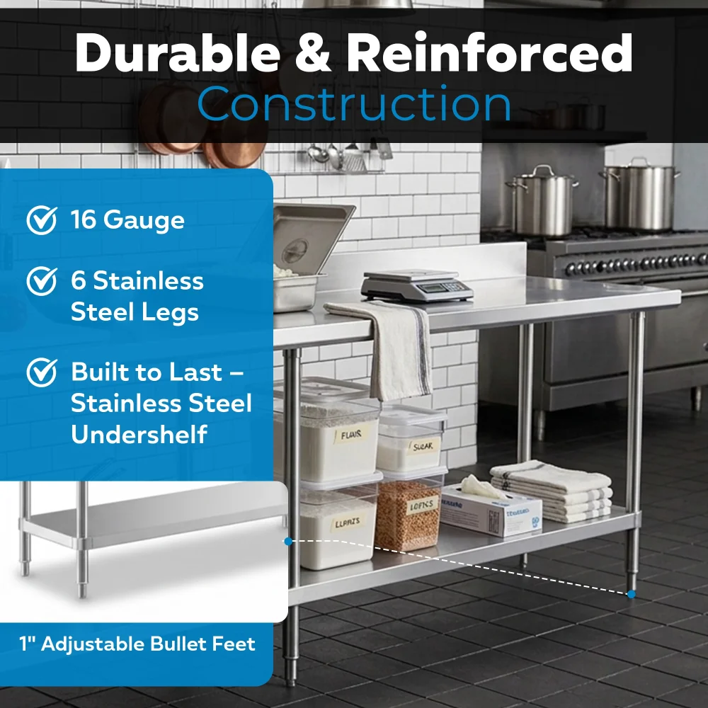 24" x 120" 16-Gauge Commercial Work Table with 4" Backsplash and Undershelf, 304 Stainless Steel