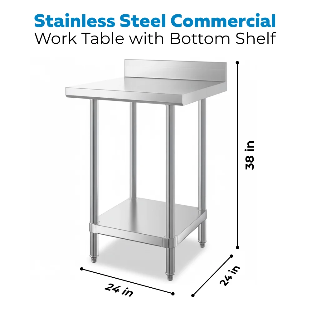 24" x 24" 16-Gauge Commercial Work Table with 4" Backsplash and Undershelf, 304 Stainless Steel