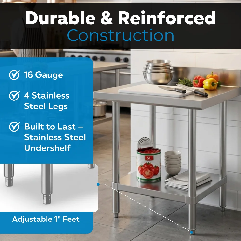 24" x 24" 16-Gauge Commercial Work Table with 4" Backsplash and Undershelf, 304 Stainless Steel