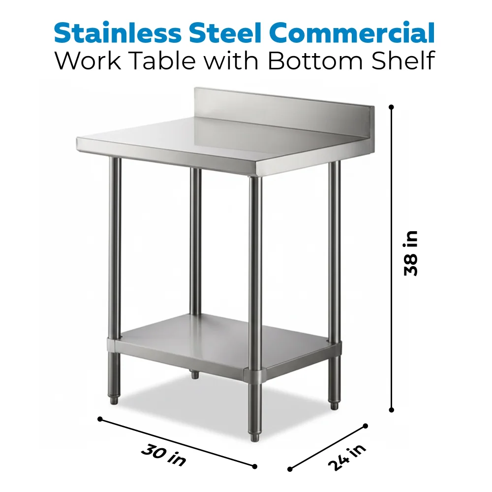 24" x 30" 16-Gauge Commercial Work Table with 4" Backsplash and Undershelf, 304 Stainless Steel