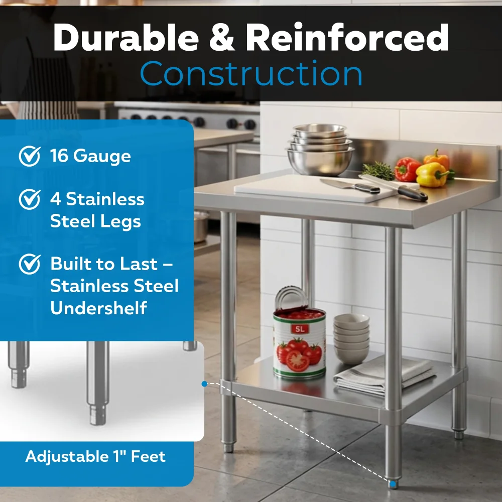 24" x 30" 16-Gauge Commercial Work Table with 4" Backsplash and Undershelf, 304 Stainless Steel