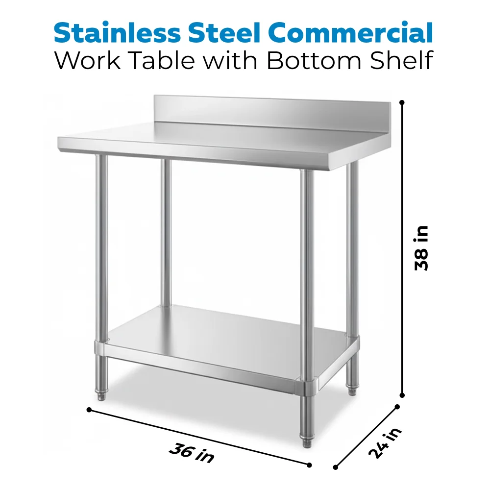24" x 36" 16-Gauge Commercial Work Table with 4" Backsplash and Undershelf, 304 Stainless Steel