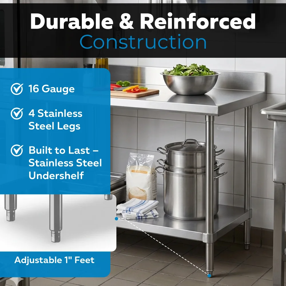 24" x 36" 16-Gauge Commercial Work Table with 4" Backsplash and Undershelf, 304 Stainless Steel