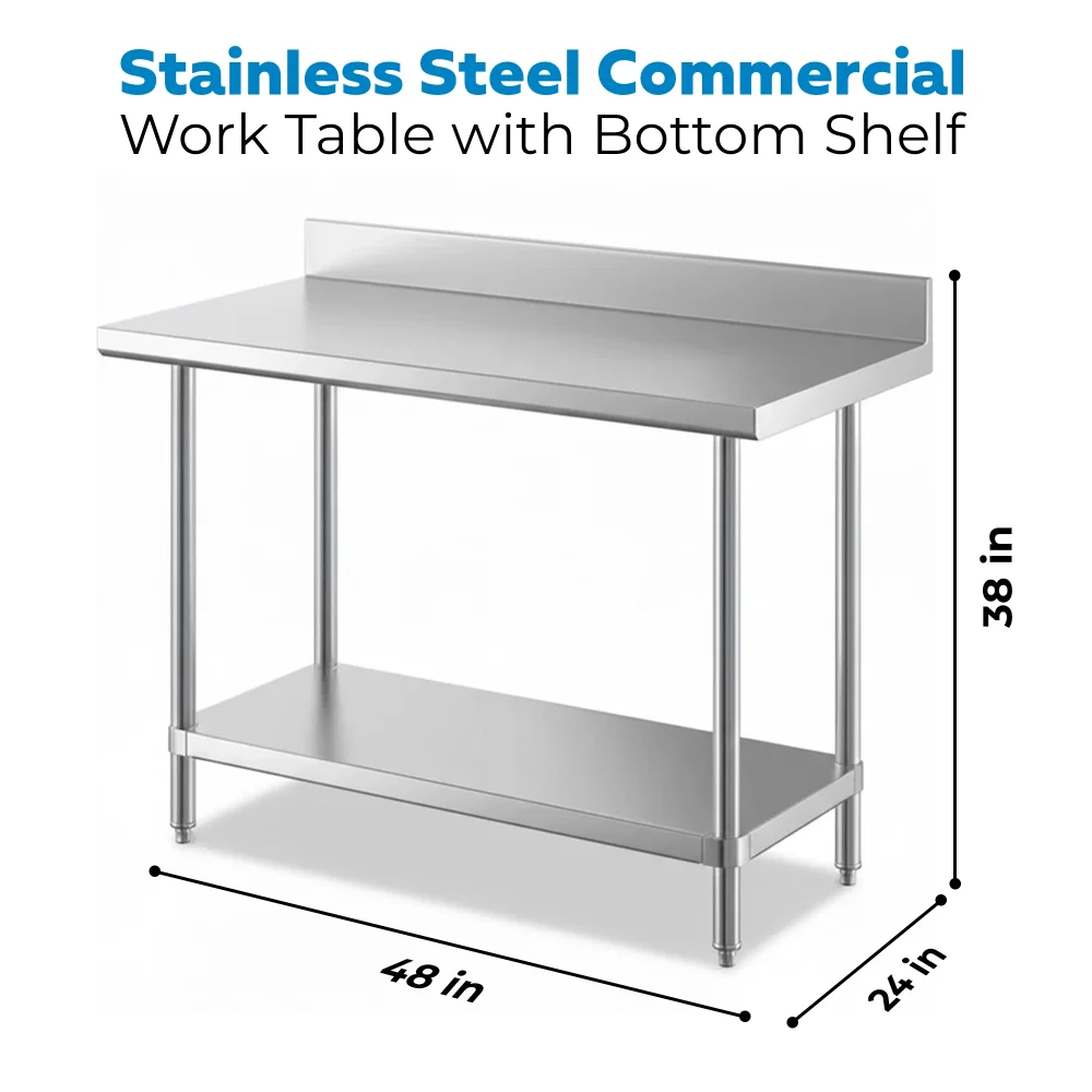 24" x 48" 16-Gauge Commercial Work Table with 4" Backsplash and Undershelf, 304 Stainless Steel