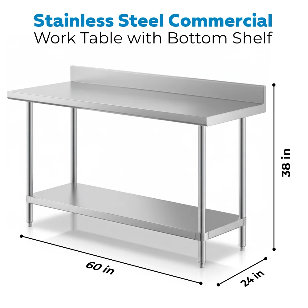 24" x 60" 16-Gauge Commercial Work Table with 4" Backsplash and Undershelf, 304 Stainless Steel