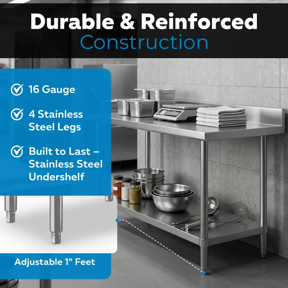 24" x 60" 16-Gauge Commercial Work Table with 4" Backsplash and Undershelf, 304 Stainless Steel