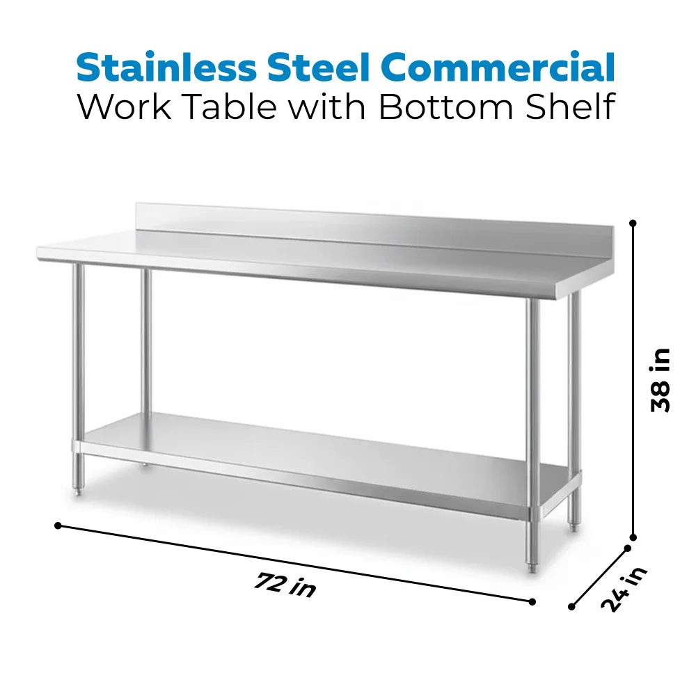 24" x 72" 16-Gauge Commercial Work Table with 4" Backsplash and Undershelf, 304 Stainless Steel