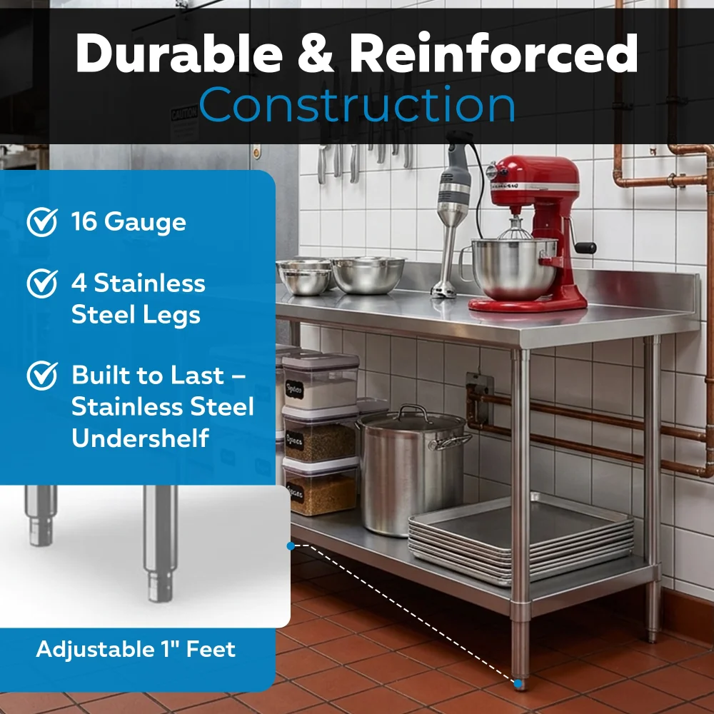 24" x 72" 16-Gauge Commercial Work Table with 4" Backsplash and Undershelf, 304 Stainless Steel