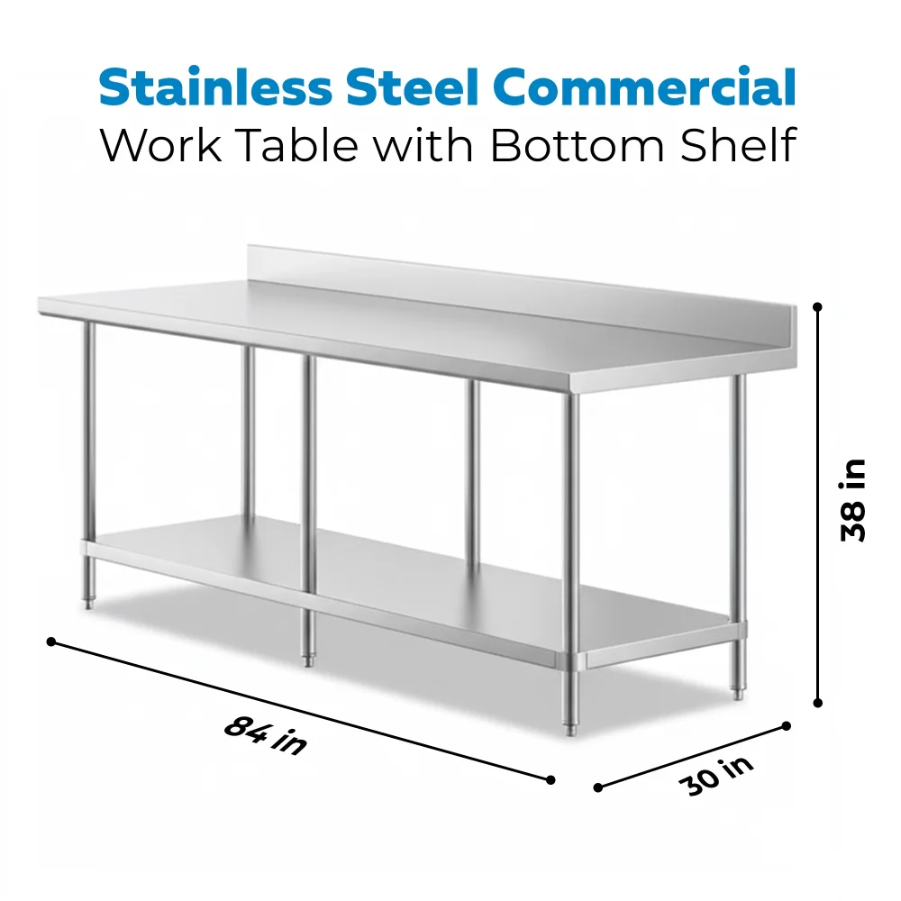 30" x 84" 16-Gauge Commercial Work Table with 4" Backsplash and Undershelf, 304 Stainless Steel